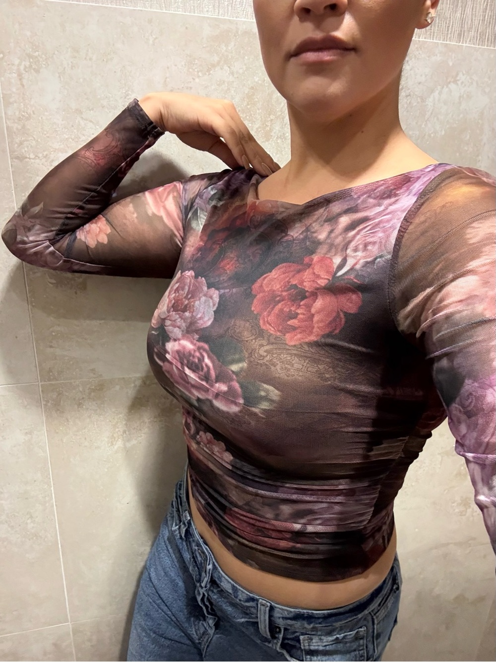 & Other Stories Floral Sheer Long-Sleeve Crop Top - Brown Pink